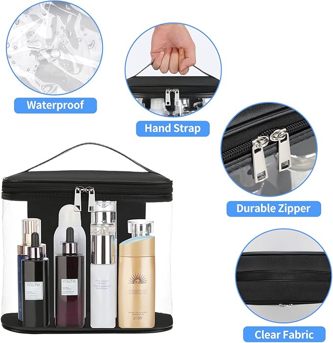 Heavy Duty Leak Proof Clear Travel Bags for Toiletries, Transparent Makeup Cosmetic Bag with Zipper and Handle (Large, Black)