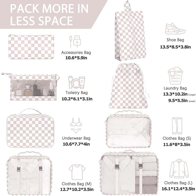 KPX 8 Set Packing Cubes for Travel, Luggage Packing Organizers Accessories Large Toiletries Bag for Clothes Shoes Cosmetics (8Set-Nude Pink Plaid)