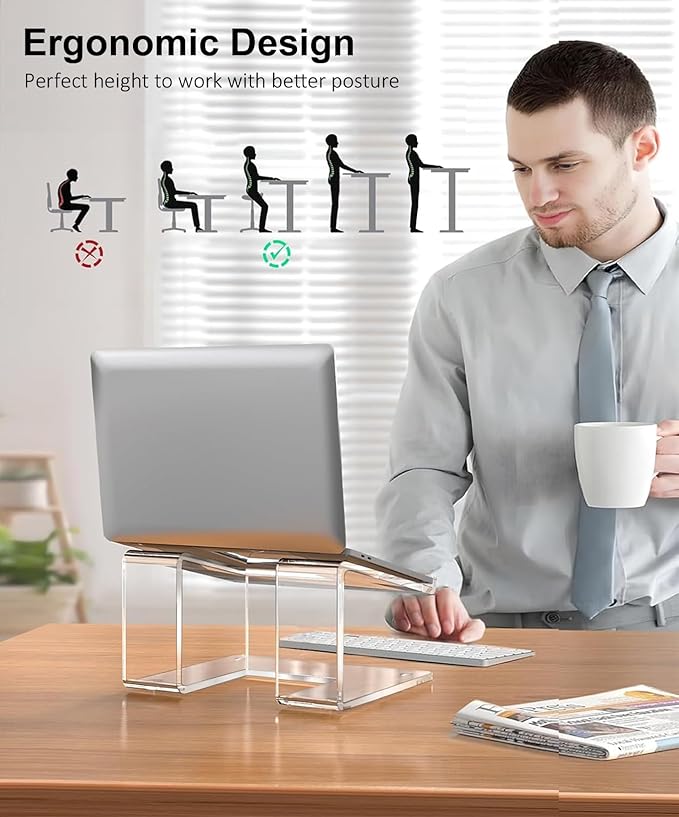 Acrylic Laptop Stand for Desk, Laptop Riser for 10-15.6 Inch Laptops, Ergonomic Computer Stand Holder Compatible with Macbooks and Notebooks- Clear