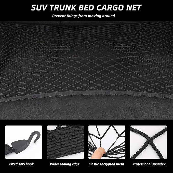 Elastic Cargo Net for SUV with Hooks, Net Stretchable Mesh Organizer 32" x 24" Stretch to 63" x 43", Rear Trunk Bed Netting Cover, Elastic Cargo Net with Fixing Hooks D-Rings, Road Trip Essentials