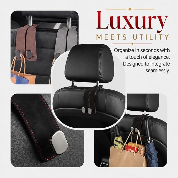 Universal Car Headrest Hooks Heavy Duty Suede Seat Organizer(Brown) | Keep your car organized with these heavy-duty suede hooks—the perfect spot for your purse, bags, and daily essentials