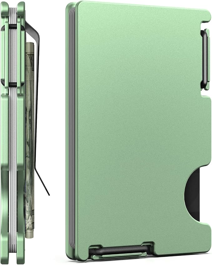 Wallet for Women, Minimalist Card Holder with Money Clip, Slim Metal Front Pocket Aluminum Wallet, Modern-Modular-Design, RFID Blocking, Green