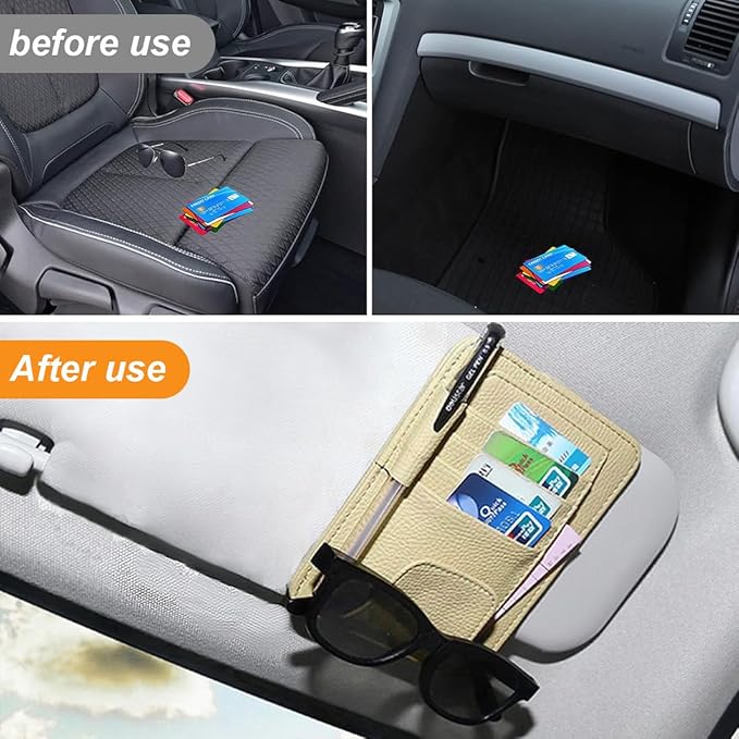 Leather Car Sun Visor Organizer Clip, Universal Car Truck Visor Document Holder with Sunglasses Clip, Auto Visor Pocket Storage for Bill Card Registration/Driving License Pen (Beige)