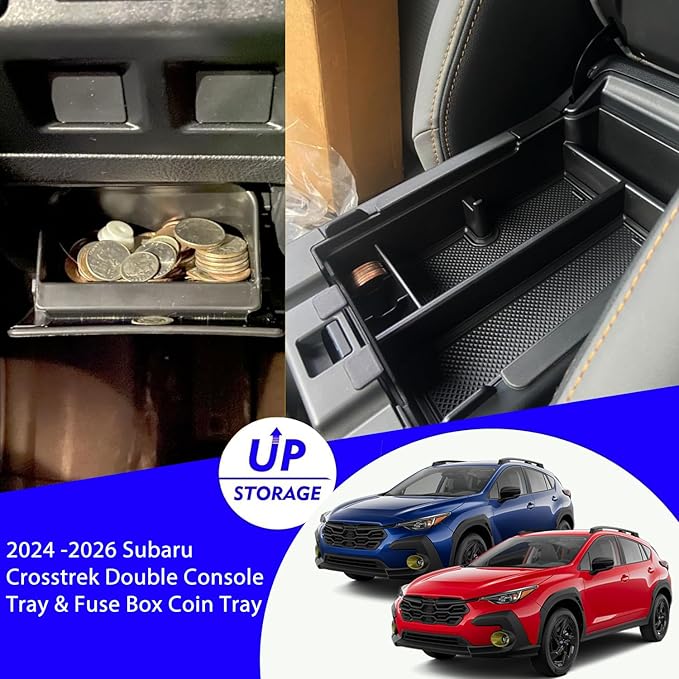 2Pack 2025 Crosstrek Center Console Organizer & Fuse Box Coin Container Storage Tray for 2024 2025 2026 Subaru Crosstrek Hybrid Armrest Storage Box Crosstrek 2025 Accessories Storage Box Double Layer