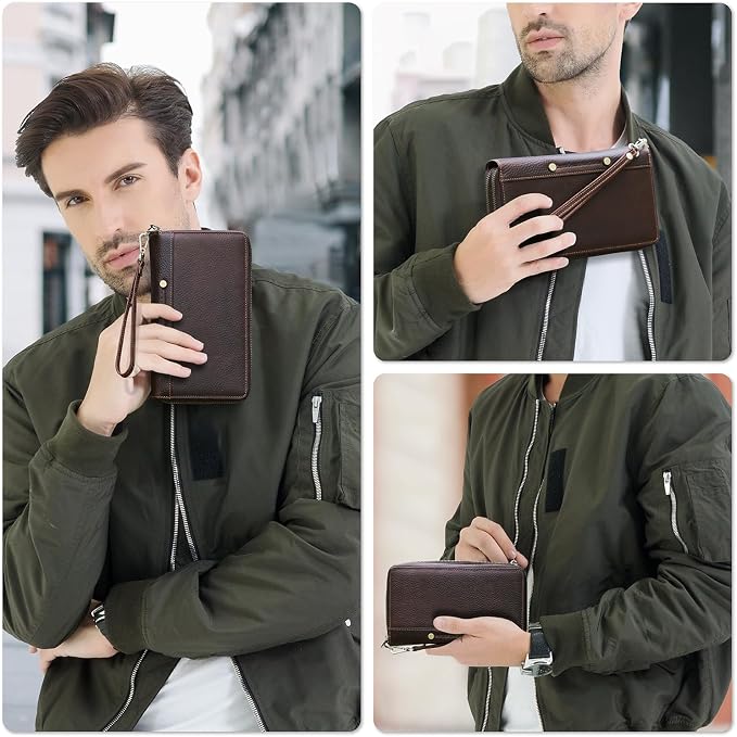 Top Grain Genuine Leather Clutch Wallet with Wristlet for Man & Woman, Handmade Vintage Design, Multi Pockets & Side Pocket & Slots, RFID Large Capacity for Cards/Checks/Money/Passport/Pen, Red Coffee