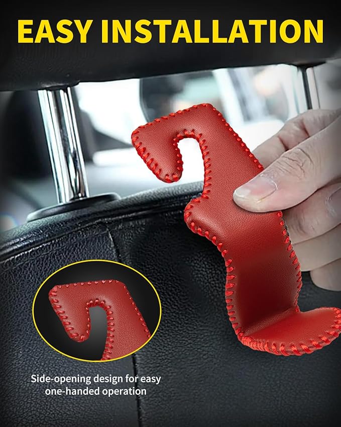 4 Pack Superior Leather Car Seat Headrest Hooks with 44 Pounds Load Capacity, Hangers Storage Organizer Universal Car Interior Accessories for Handbags Water Bottles Umbrellas, Red