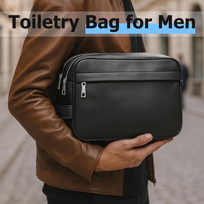 MIRASON Travel Toiletry Bag for Men Thickened Leather Travel Bag for Toiletries, Dopp Kit Water-resistant Shower Bag for Shaving Gym Bathroom Organizer Gifts for Men, Black