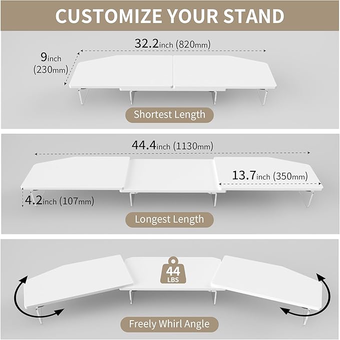 AFOOYO LED Dual Monitor Stand Riser for 2 Monitors,Office Desktop Wooden Stand Adjustable Length and Angle 3 Shelf,Extra Long Multifunctional Stand up to 44.4" for Computer,Laptop,TV,White