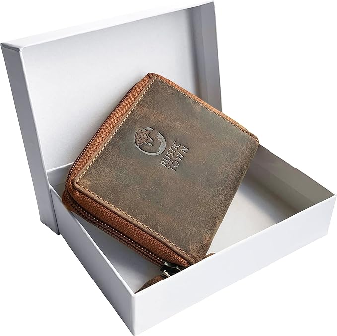 RUSTIC TOWN Leather Key Holder Case - Zippered Key Organizer Wallet with 8 Hooks for Keys, Cash & Card - Gift for Men Women