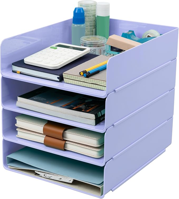 Tiawudi Desk Organizer, Office Organization and Storage, Plastic Letter Tray, Stackable File Organizer for Classroom, Home, Documents, Notes, Folders, Books and Pens, 4 Tier