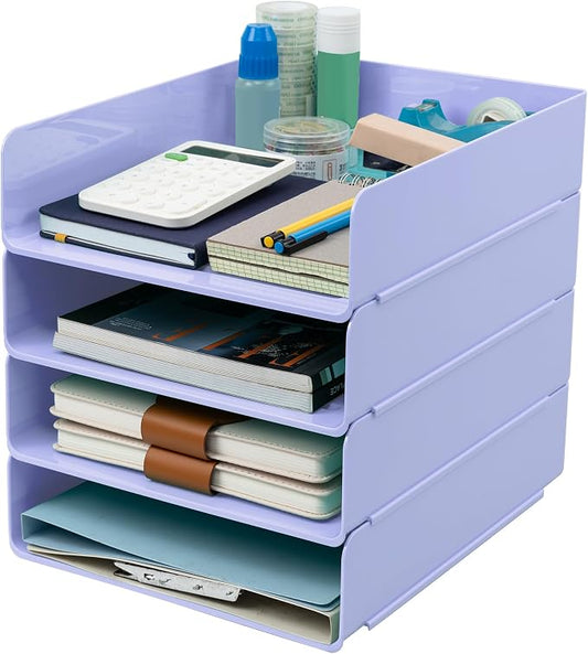 Tiawudi Desk Organizer, Office Organization and Storage, Plastic Letter Tray, Stackable File Organizer for Classroom, Home, Documents, Notes, Folders, Books and Pens, 4 Tier
