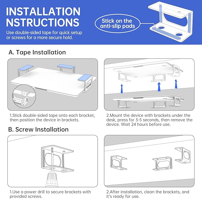 NiHome Clear Acrylic Under Desk Laptop Mount, Easy Installation Adjustable Laptop Holder, Scratch-Resistant Under-Desk Stand for MacBook, Notebook, Modem, TV Box, PS4 Slim & Keyboard