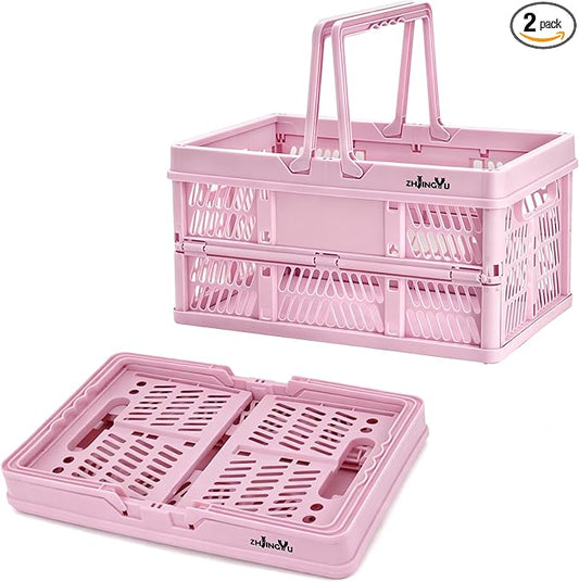 Pink Plastic Baskets with handles,2-pack Collapsible crates for storage,14.96"x9.84"x7.87" foldable shopping basket ,foldable crate with Handles for car Classroom Kitchen Bathroom Medicine Milk