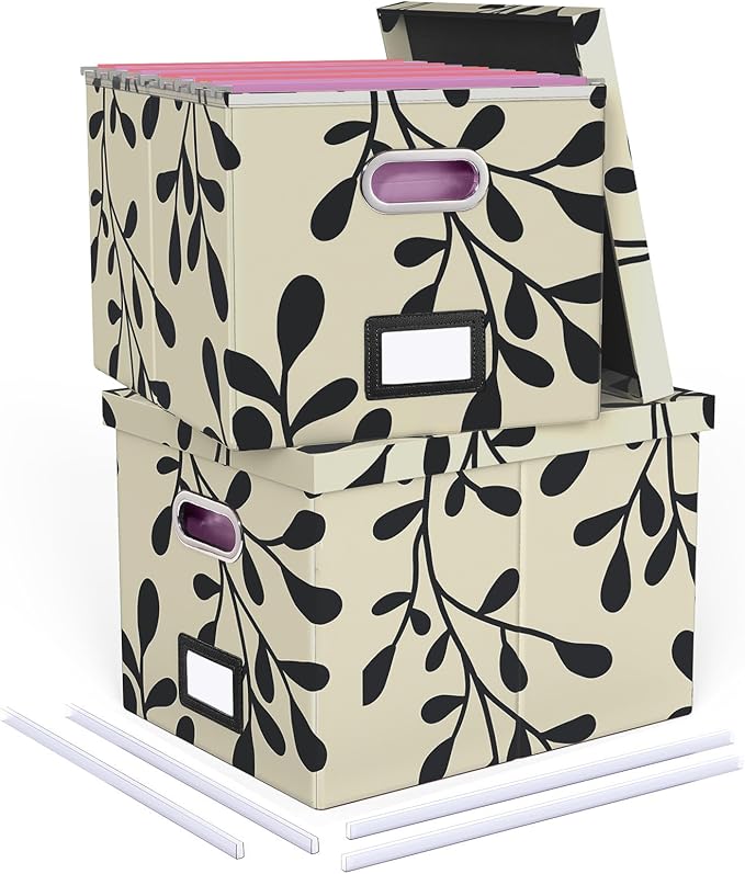 Oterri 2 Pack File Storage Organizer, Document Organizer, Portable File Box with Lid, Fit for Letter/Legal File Folder Storage,Leaf Black/Cream-Box only