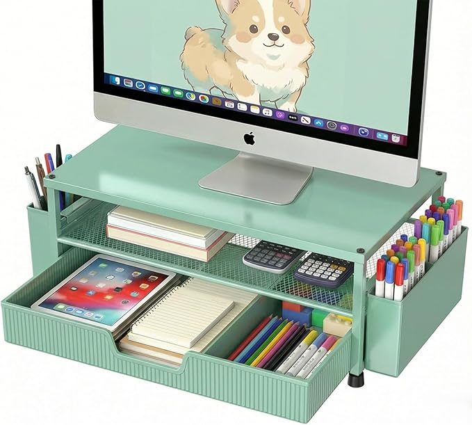 ECOLOVI Desk Organizer and Accessories, 2-Tier Computer Monitor Stand Rise with Storage Drawer & 2 Pen Holders, Laptop & Printer Stand for Desktop, Workspace Organizers for Office Supplies (Green)