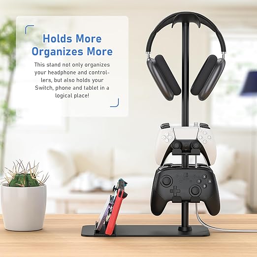 MANMUVIMO Headset Stand Controller Holder for 1 Headset and 4 Controller, Headphone Game Controller Stand for Desk, Gamer Gifts, Organizer Rack for iPad/Mobile Phone, Gaming Room Accessories