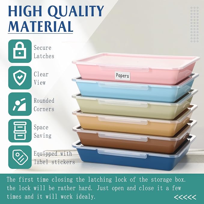 Tinlade 12 Pcs Classroom Paper Storage Bins with Clear Latching Lids Labels, Letter Size Stackable Flat Trays Container Paper Organizer for Teacher Back to School Office Arts Crafts (Morandi,13x10in)