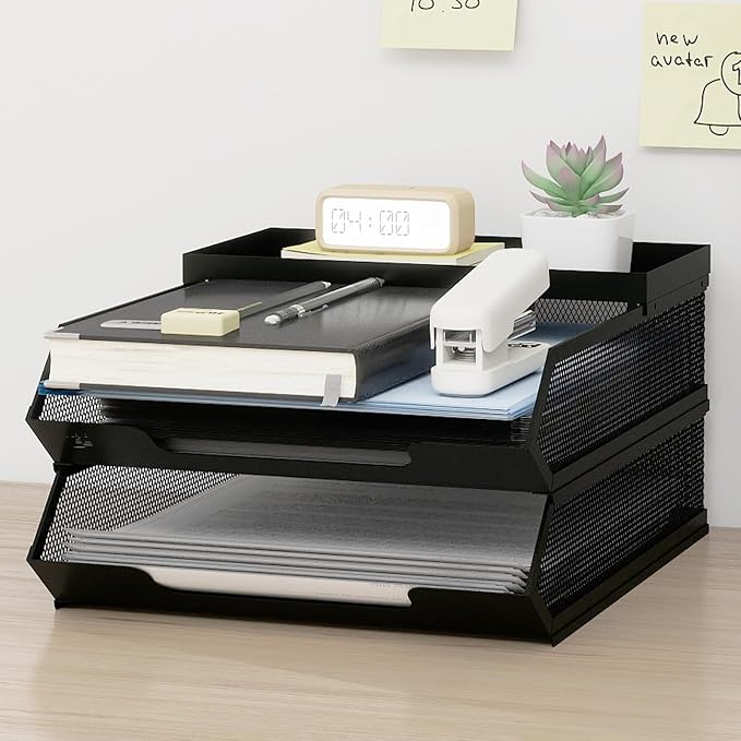 Natwind 2-Tier Stackable Metal Mesh Paper Organizer with Sliding Tray,Black | Desk Organizer for Office Supplies, Letter Tray For Desktop,File Holder For Home School Classroom Organization