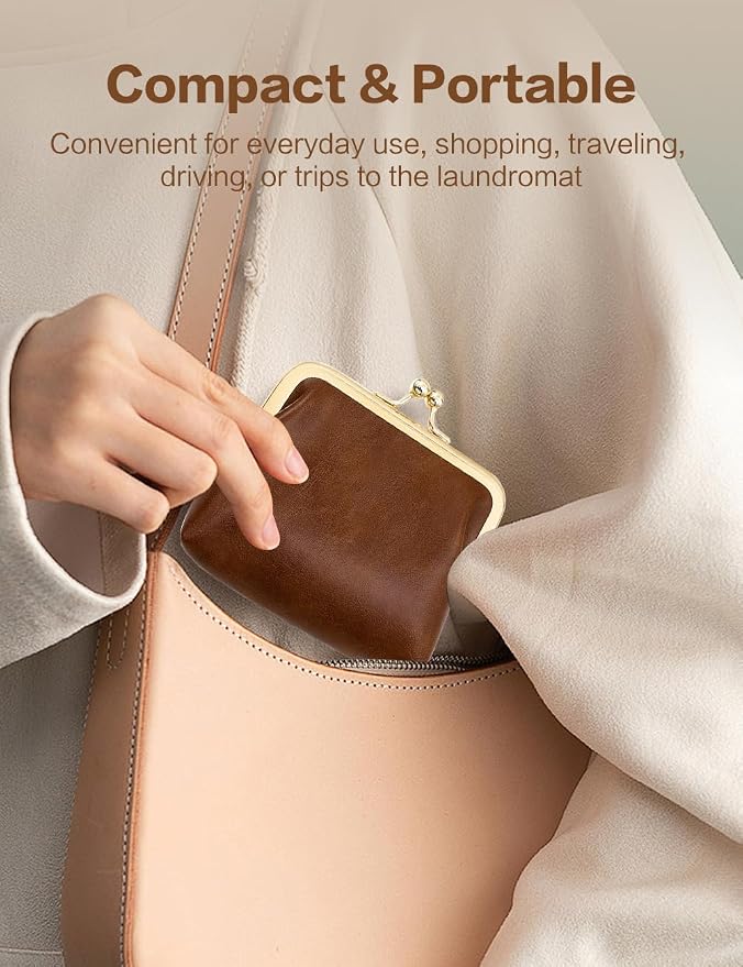 Women’s Small Coin Purse, Vintage PU Leather Change Purse, Rectangle Kiss Lock Coin Pouch, Pocket-Sized, Solid Color, Mini Coin Purse for Women - Brown