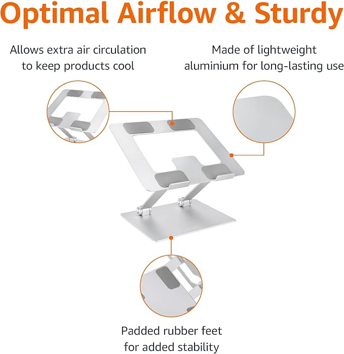 Amazon Basics Sturdy and Portable Ergonomic Laptop Stand for Desk, Height Adjustable Riser with Ventilated Cooling, Foldable, Fits all Laptops up to 17.3 Inch, Silver, 10 x 8.7 x 6 in
