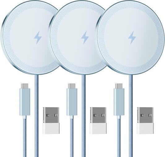15W Wireless Charger for Apple MagSafe Charger, Magnetic Fast Charging Pad | Compatible for iPhone 17 16 15 14 13 12 Pro Max, AirPods-Slim Portable for Desk Bedside and Travel - 3 Pack, Blue