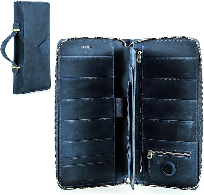 CONTACTS Family Passport Holder for 10 Full Grain Leather Passport Holder Compatible with Airtag for Family Travel Document Organizer Multiple Passport Wallet with Rfid Blocking (Blue)