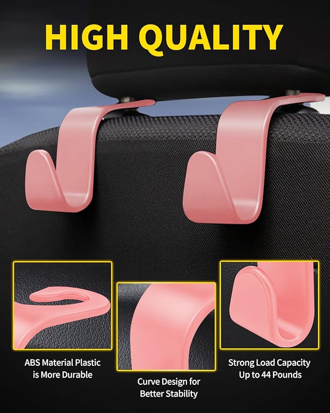 8 Pack Car Seat Headrest Hooks with 44 Pounds Load Capacity, Hangers Storage Organizer Universal Car Interior Accessories for Handbags Water Bottles Purse Coats Umbrellas, Pink