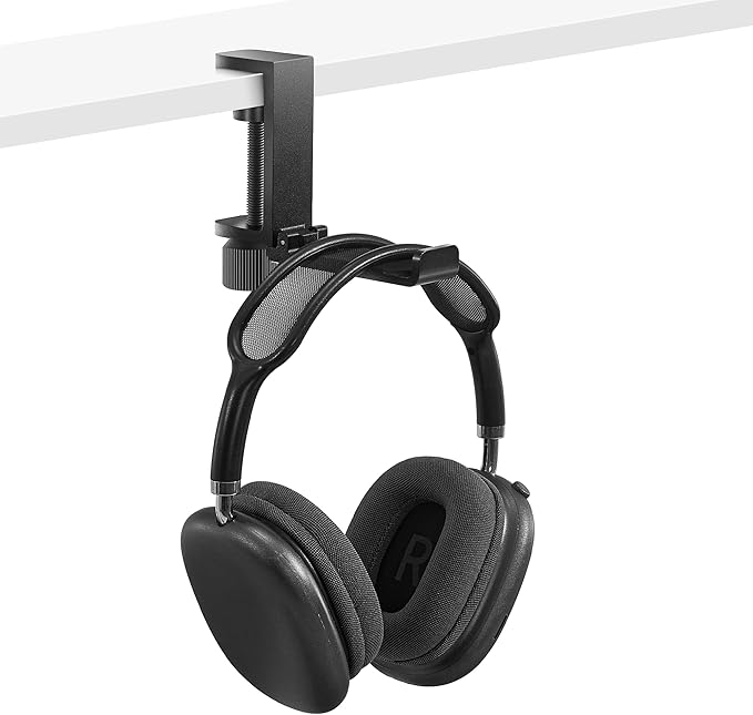 Metal Heavy Duty Foldable Headphone Holder for Desk, Headset Stand for Desk,Backpack Holder Hook for Desk,Bag Hook Under Desk,Clamp Hook for Desk Attachments,Black