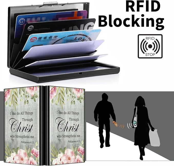 Metal Wallet for Women Men Girls, RFID Blocking Slim Aluminum Credit Card Holder, Mini Travel Wallet with Hard Shell, Lightweight ID & Business Card Case,Bible Verse Philippians 4-13