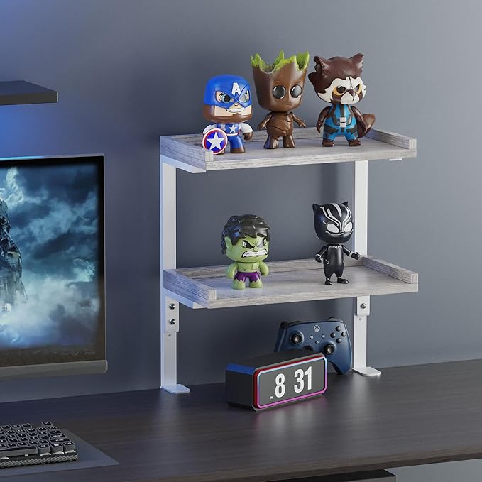 Clamp On Desk Shelf 2-Tier, Wood Shelving Unit for Office Desk/Gaming Accessories, Tabletop Book Storage Rack, Shelf for Top of Desk, Grey