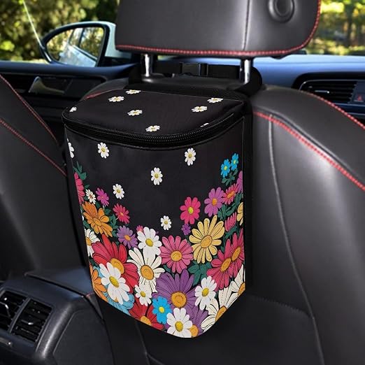 Biyejit Colorful Daisy Car Trash Can with Lid Hanging Car Trash Bag Leak-Proof Portable Car Garbage Bin Car Accessories Interior Car Organizer Bag
