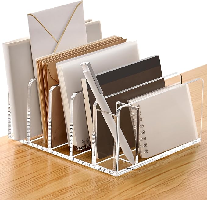 SANRUI Acrylic Mail Organizer, 5 Compartments File Holder for Desk, Letter Sorter with Pen Holder, Clear Countertop Document Sorter for Notebooks, Bills & Eyeshadow Palettes