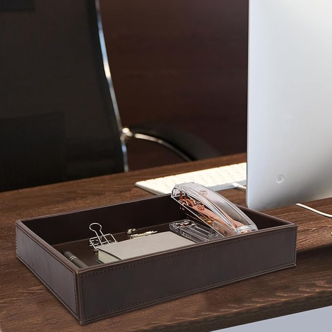 Leather Decorative Vanity Tray, Desktop Storage Organizer, Catchall Tray, Valet Tray, Nightstand or Dresser Organizer Tray for Men Change,Key,Phone,Glasses (Brown)