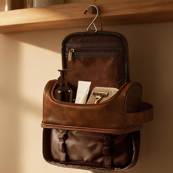 Toiletry Bag for Men Travel Essentials Shaving Dopp Kit with Hanging Hook, Waterproof Toiletry Bag with Dry Wet Separation, PU Leather Travel Organizer for Camping Business, Reddish Brown