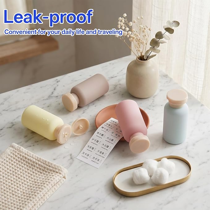 4PCS Travel Bottles Set with Flip Cap, Leak Proof Empty Travel Size Bottle with Storage Bag and Label, Reusable Travels Size Toiletries Containers for Face Cream Lotion Foundation Shampoo