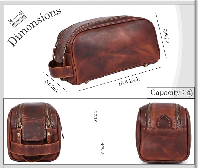 Hindoro 10" Premium Leather Toiletry Travel Pouch Bag With Waterproof Lining | King-Size Handcrafted Vintage Ditty - Kit Leather Goods (Dark Brown)