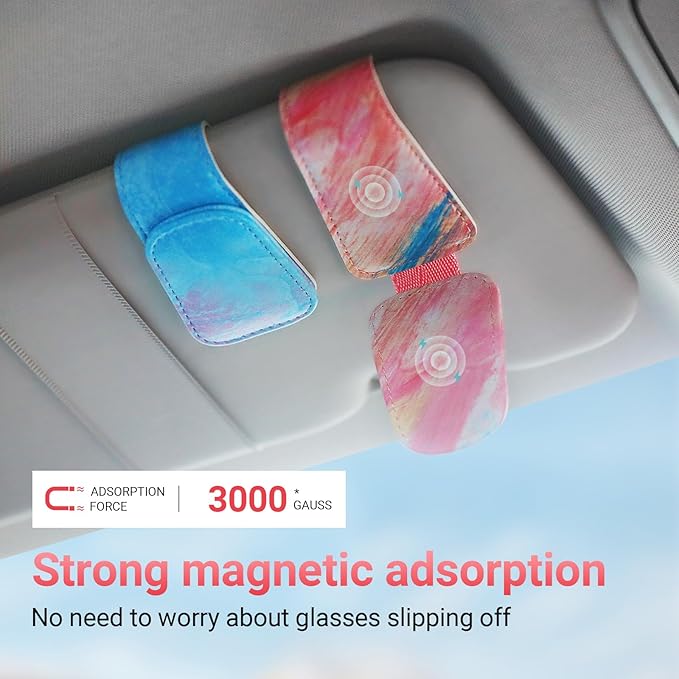 KanSmart Sunglass Holder for Car Visor Sunglasses Clip Magnetic Leather Glasses Eyeglass Holder Truck Car Accessories for Woman Man -Blue Wave
