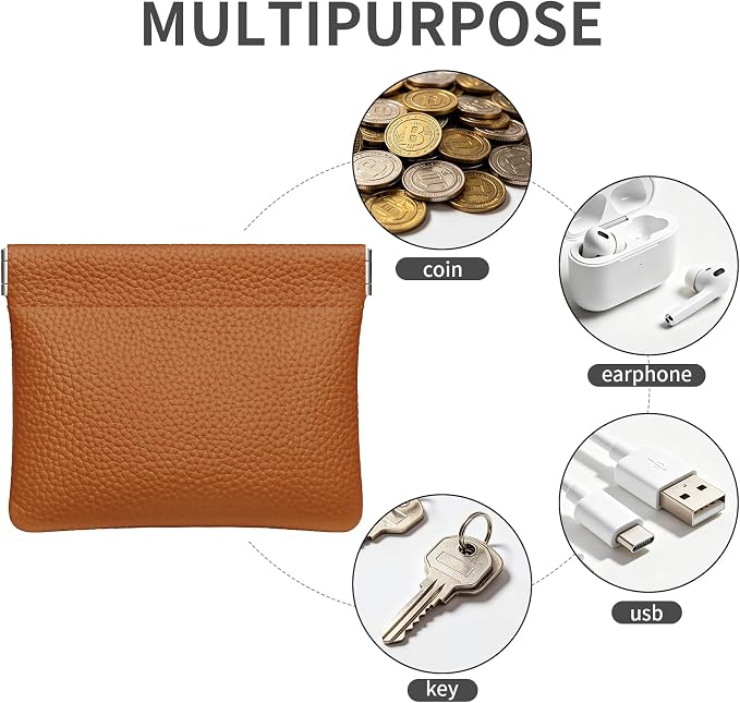 Genuine Leather Squeeze Coin Purse Pouch Change Holder For Men & Women Mini Change Purse Pouch for Pocket, Small Pouch Credit Card Key Headset Lipstick Holder (Brown)
