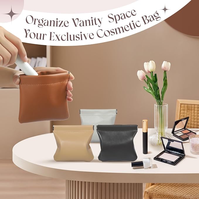 4.7in Small Makeup Bag for Purse, 4Pcs Pocket Leather Cosmetic Bag Small Squeeze Coin Purse for Women Snap Closure Pouches for Purse Organizer Pouchic for Travel Jewelry Storage (Business)