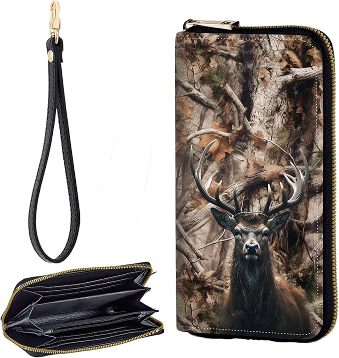 Zip Around Wallets for Women with Detachable Wrist Strap, Large Capacity RFID Blocking Leather Purse Organizer Card Holder Wristlet,Camo Forest Deer