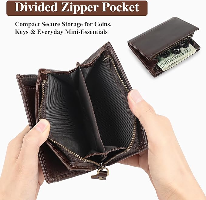 BAIGIO Genuine Leather Wallets for Men, Large Capacity Mens Bifold Wallet Leather RFID Blocking with Huge Zip Coin Pocket, 14 Credit Card Slots, Men's Cash Wallet in Gift Box, Brown