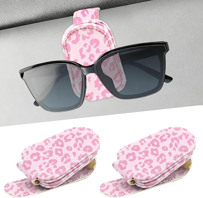 Sunglasses Holder for Car Visor - 2 Packs Pink Leopard Magnetic Leather Sunglasses Clip for Car Pink Visor Sunglass Holder Ticket Card Hanger Clips Auto Interior Accessories for SUV Truck