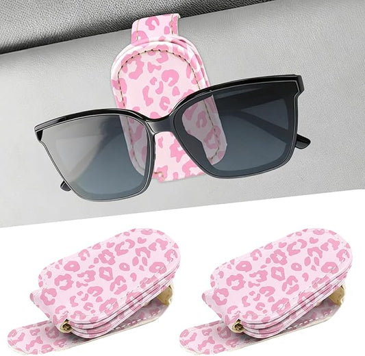 Sunglasses Holder for Car Visor - 2 Packs Pink Leopard Magnetic Leather Sunglasses Clip for Car Pink Visor Sunglass Holder Ticket Card Hanger Clips Auto Interior Accessories for SUV Truck