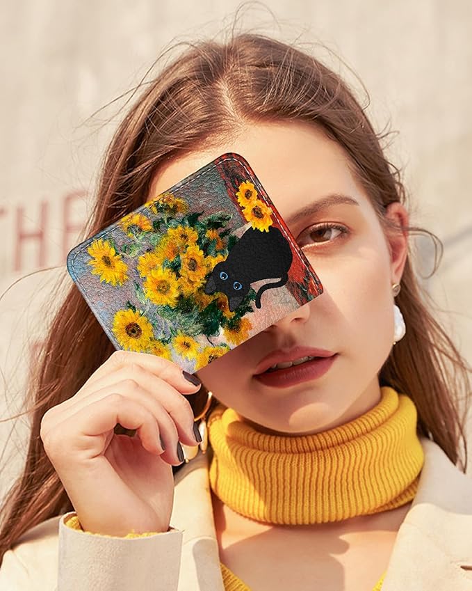 Bistup Credit Card Holder Wallet for Women Cute Leather Ladies Teen Girls Female Cardholder Wallets Accordion Purse Small Medium Aesthetic Print Sunflower Cat Modern Design Rfid Zipper Around