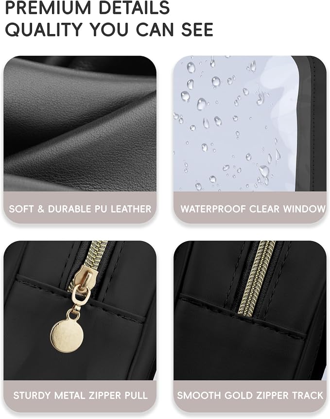 Clear Makeup Bag for Women, Large 11-Inch Transparent Travel Toiletry Bag, PU Leather Cosmetic Pouch Organizer with Smooth Gold Zipper, Portable Wash Bag for Luggage & Carry-on (Beige/Black)