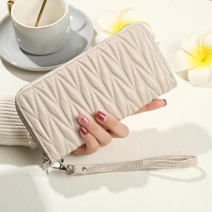 Women's Zip Wristlet Wallet - Large Capacity RFID Blocking Clutch Purse Quilted Soft Vegan Leather Travel Organizer