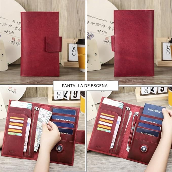 CONTACTS Full Grain Leather RFID Blocking Family Passport Holder for 4 Passport Wallet Compatible with Airtag Travel Passport Cover with 4 Passport Slot, 6 Card Slot (Red)