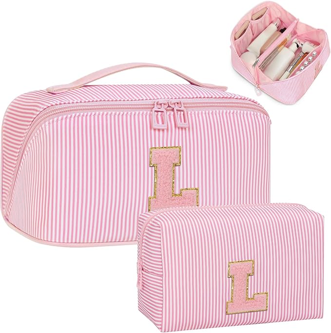 Initial Makeup Bag, Portable Water-resistant Monogram Cosmetic Bag Set, Travel Toiletry Bag with Brush Holder, Personalized Gifts for Friend Teacher Mom Wife, Pink L