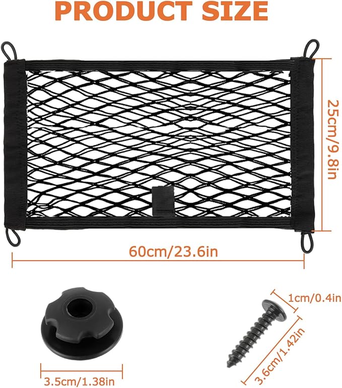 23.6'' x 9.8'' Universal Elastic Cargo Net Pocket with Screws & Hooks for Trunk RV Boats Home Cargo Storage – Keeps Items Secure & Organized(2 Pack)