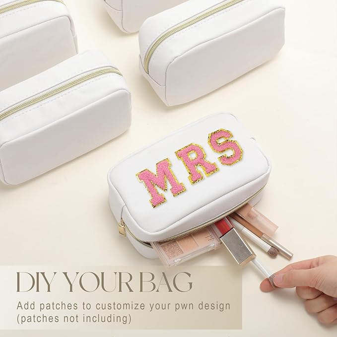 Sweetude 10 Pcs Makeup Bag Bulk for Women Preppy Gift PU Leather Cosmetic Bag Small Skincare Toiletry Pouch Mother Travel Cosmetic Pouch for Bridesmaid Bride Wedding Gift Favors (White)